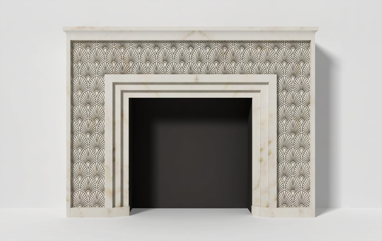 Maison & Maison, designer et créateur de cheminées contemporaines en marbre sculpté,  présente le  modèle art deco de cheminée sur mesure : Flower Power