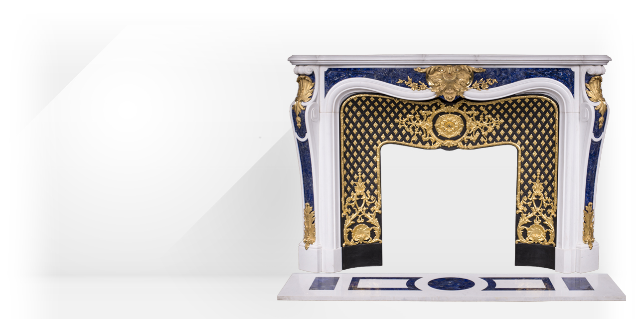 Maison & Maison, créateur de cheminées haut de gamme, vous invite à personnaliser votre cheminée Païva en marbre à marqueterie de lapis lazuli et bronze doré, cheminée sur mesure réalisée à la commande.