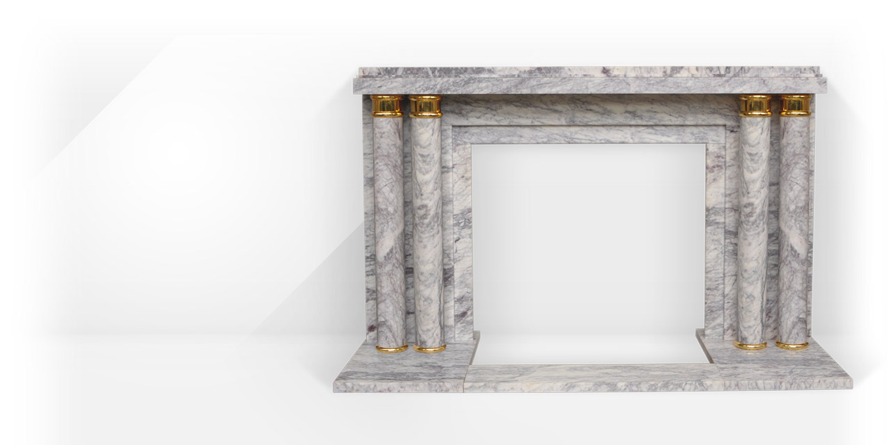 Maison & Maison, designers de cheminées en marbre, vous propose de personnaliser le modèle Arcadie. Paquebot est une cheminée sur mesure en marbre de style Art Déco décorée d'une paire de double colonnes et ornées d'ornements en bronze doré. 